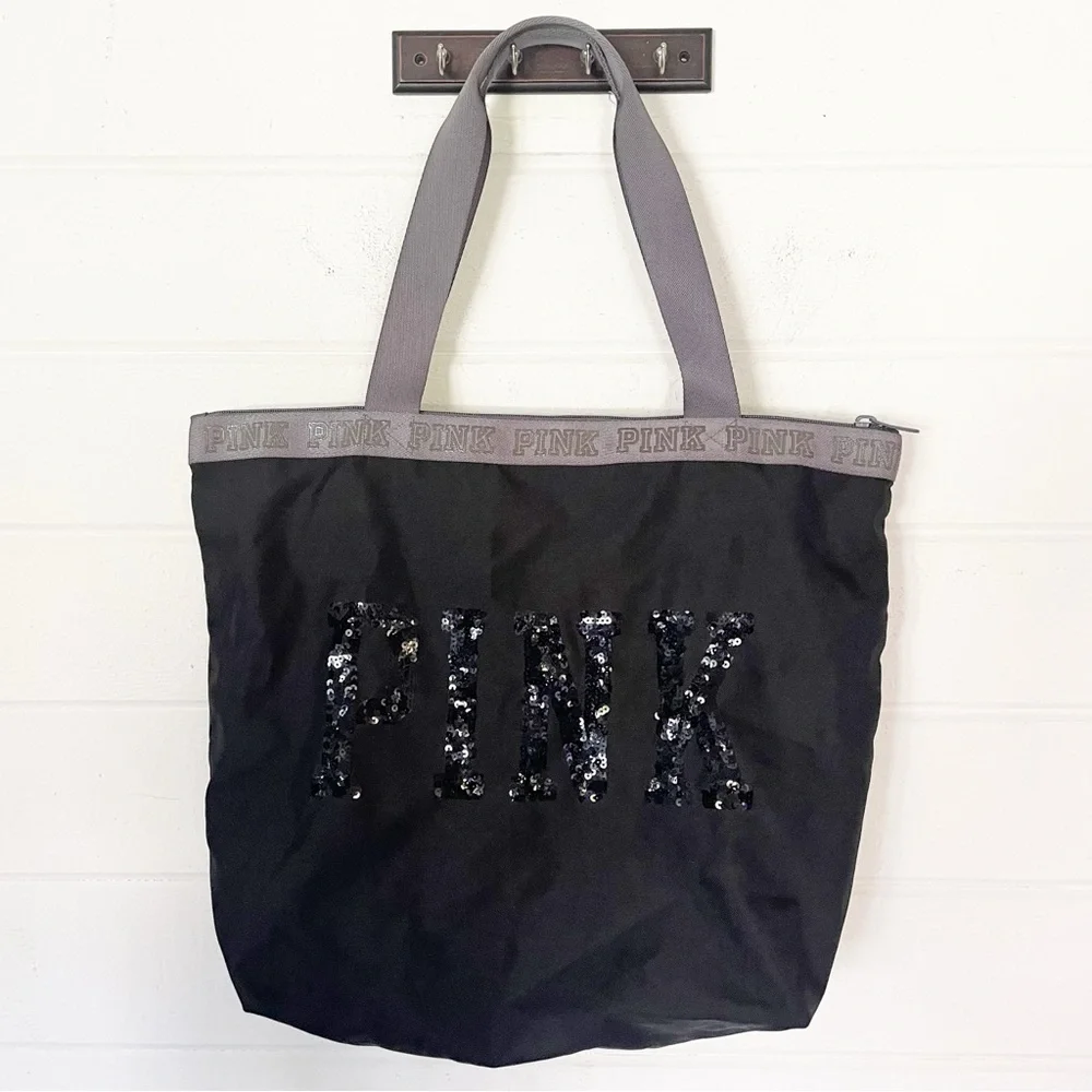 Victoria's Secret Pink Black Bling Sequin Tote Bag - Picture 2 of 9